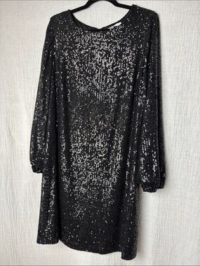 Black Sequin Long Lantern Sleeve Midi Party Dress Size 16